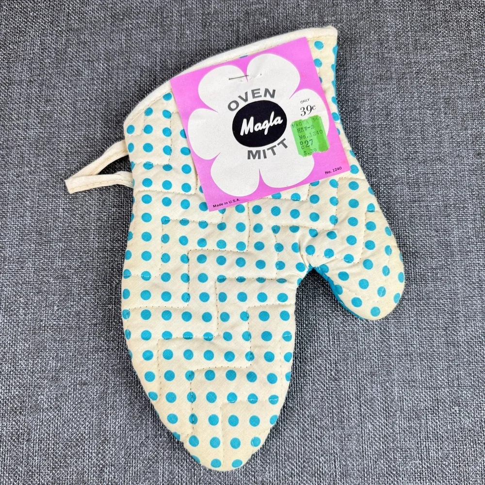 Magla Vintage Oven Mitt Pot Holder Set Blue Polka Dot No 1240 1220 New W Tags